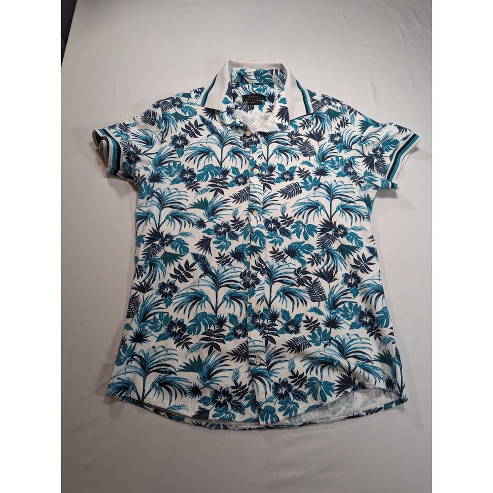 Zara Shirt USA 5 Blue Floral Cotton Short Sleeve Button Down Slim Fit Polo